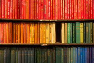 A colourful collection of books in a rainbow organisation sits on old shelves.
