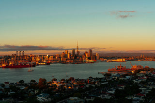 An image of Auckland city. the lighting looks like sunset and a light blue sky takes up most of the image.