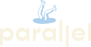 The Parallel logo features a lower case logotype in an edgy sans serif typeface. The light blue icon to the right shows a set of legs falling into a hole.