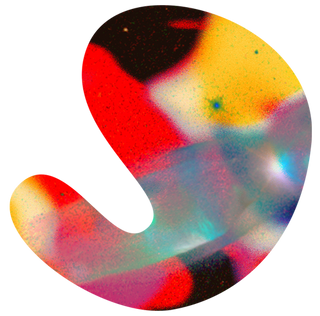 One of the Parallel Aotearoa (an nz book store) branded blob shapes. The brand shape filled with primary colours over a space sky texture.